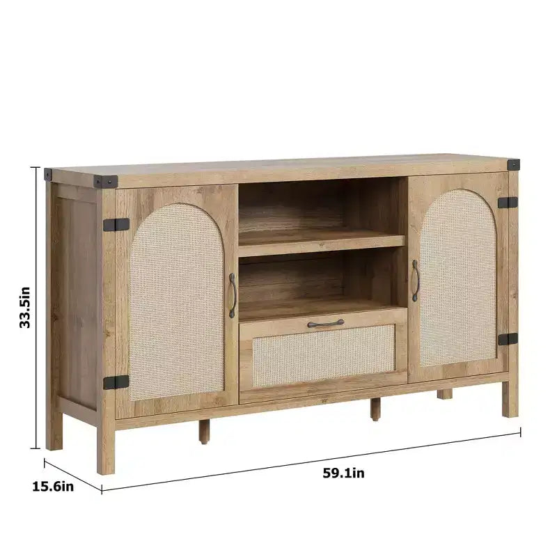 150cm Rattan Rustic Sideboard, Buffet with Drawer and Open Shelves, Boho Storage Cabinet for Dining Room Living Room