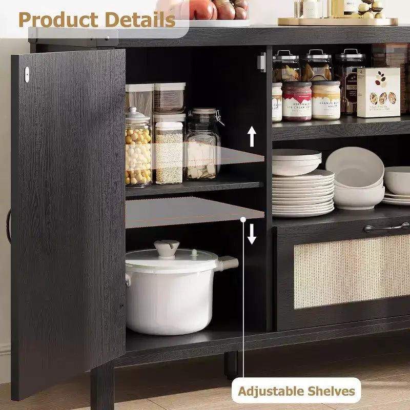 150cm Rattan Rustic Sideboard, Buffet with Drawer and Open Shelves, Boho Storage Cabinet for Dining Room Living Room