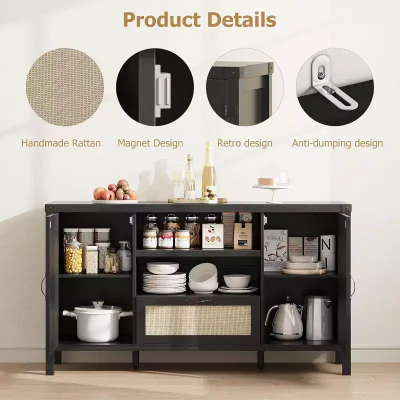 150cm Rattan Rustic Sideboard, Buffet with Drawer and Open Shelves, Boho Storage Cabinet for Dining Room Living Room