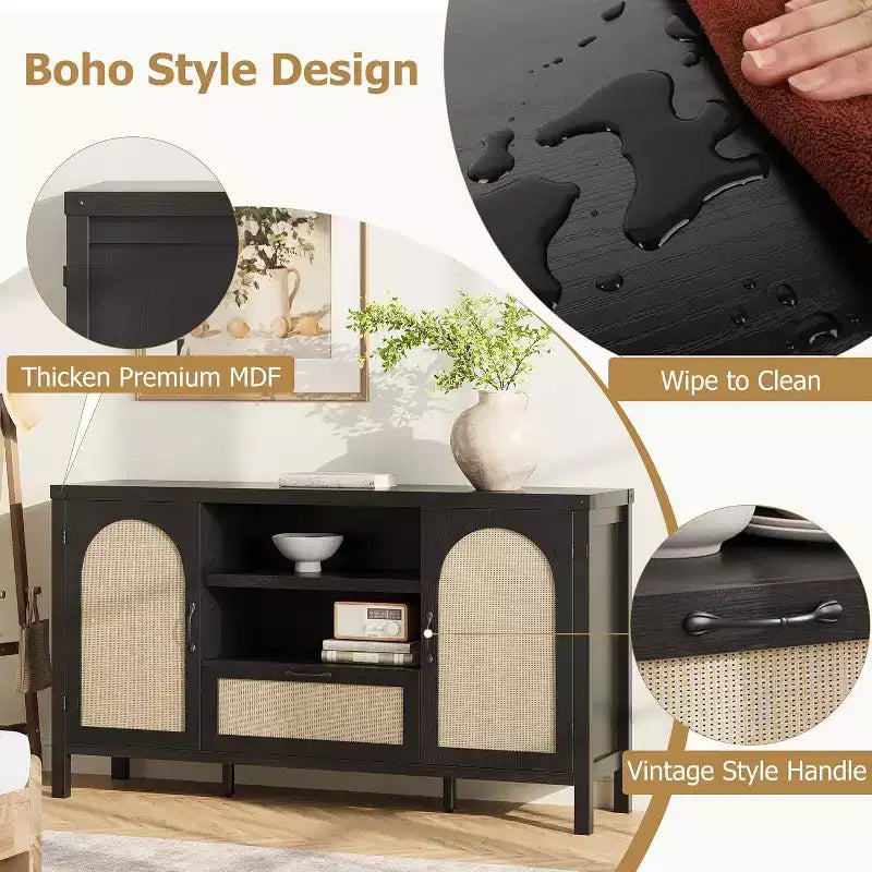 Credenza, Buffet Rustico in Rattan da 150 cm con Cassetto e Ripiani Aperti, Mobile Contenitore Boho per Sala da Pranzo Soggiorno