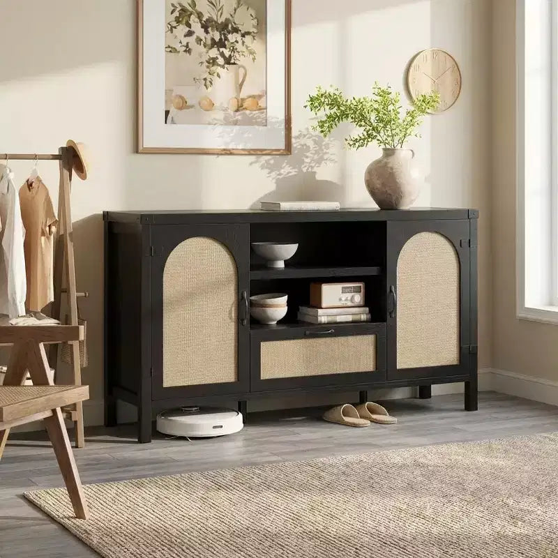 150cm Rattan Rustic Sideboard, Buffet with Drawer and Open Shelves, Boho Storage Cabinet for Dining Room Living Room