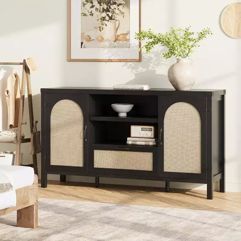 150cm Rattan Rustic Sideboard, Buffet with Drawer and Open Shelves, Boho Storage Cabinet for Dining Room Living Room