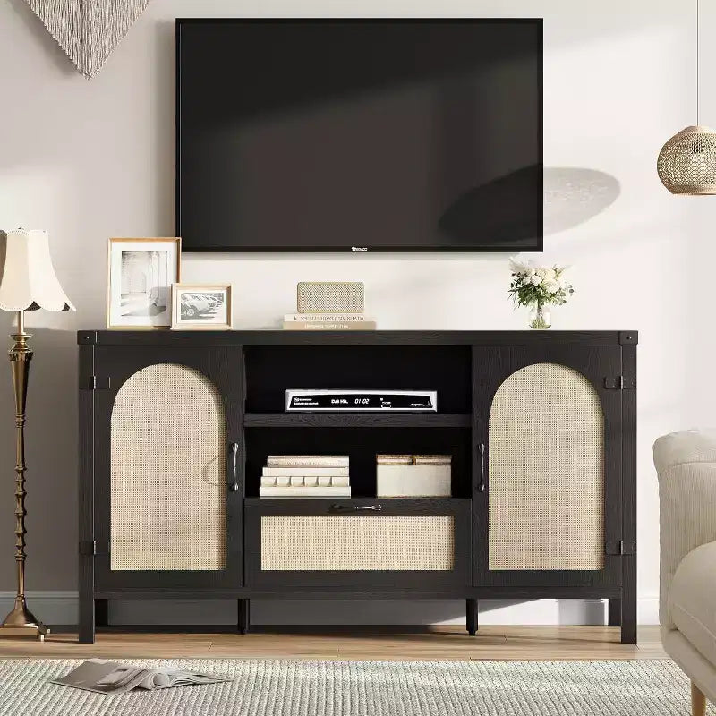 150cm Rattan Rustic Sideboard, Buffet with Drawer and Open Shelves, Boho Storage Cabinet for Dining Room Living Room