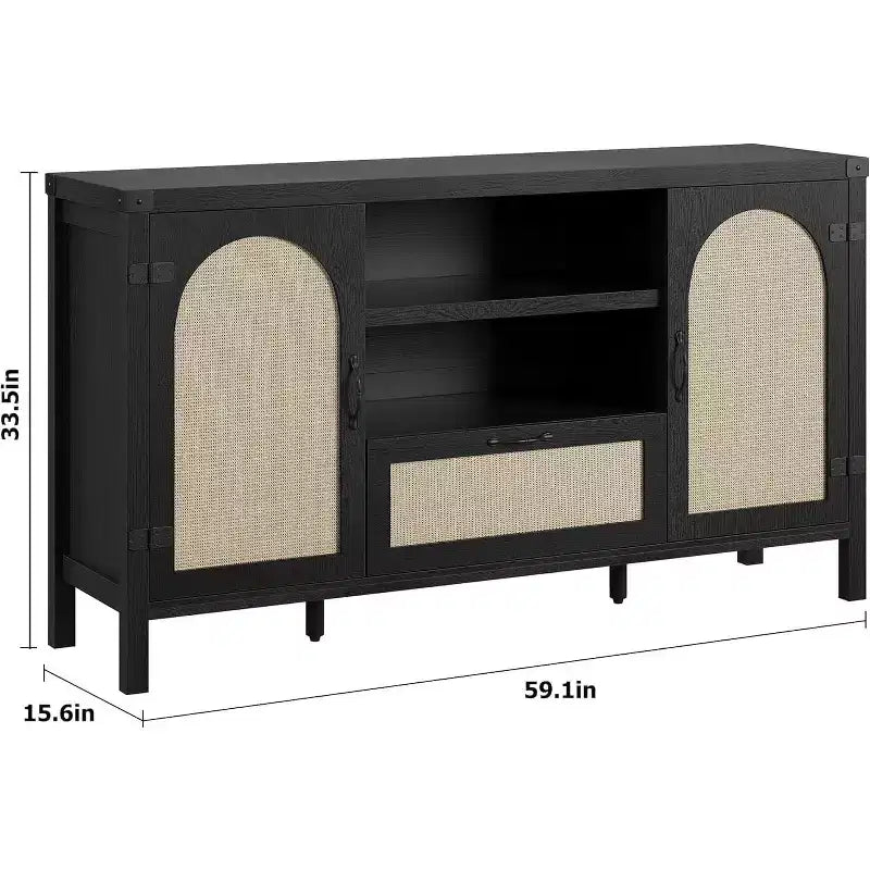 150cm Rattan Rustic Sideboard, Buffet with Drawer and Open Shelves, Boho Storage Cabinet for Dining Room Living Room