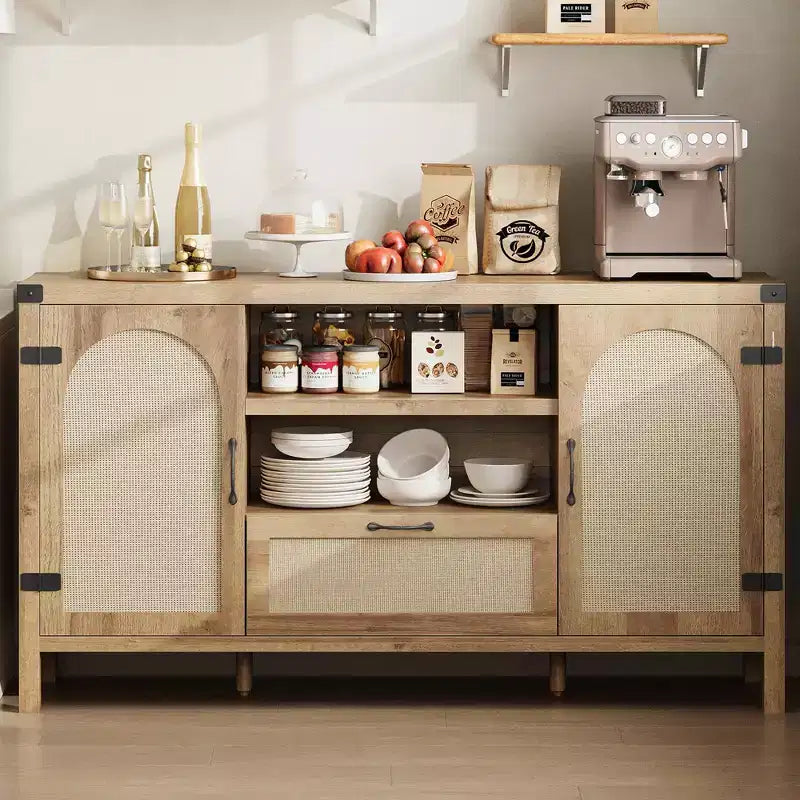 150cm Rattan Rustic Sideboard, Buffet with Drawer and Open Shelves, Boho Storage Cabinet for Dining Room Living Room