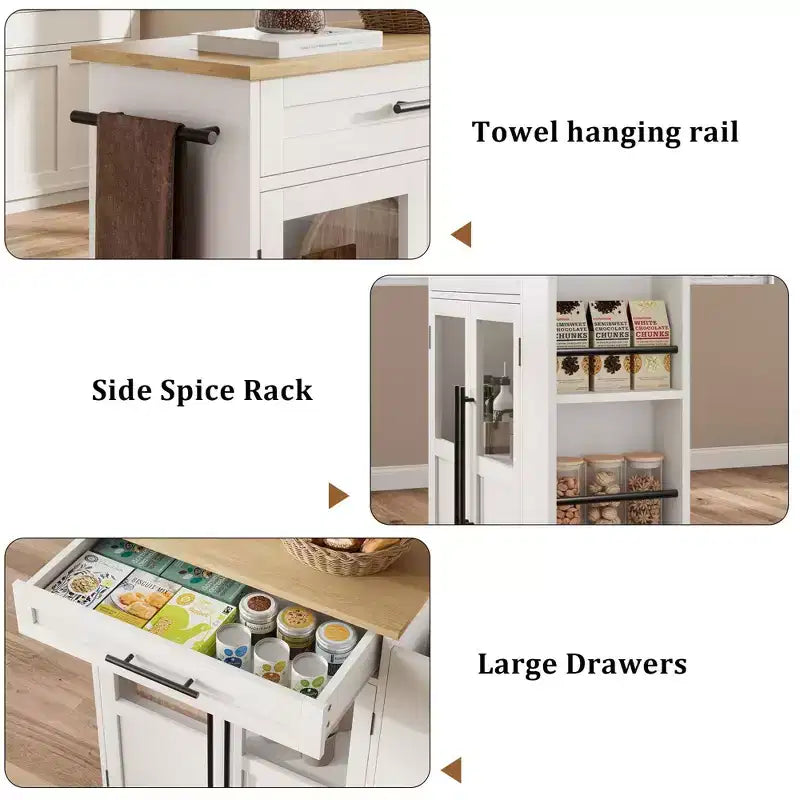 Kitchen Island, 48 Retro Farmhouse Coffee Bar Station with Storage & Glass Door Cabinet, for Dining Room