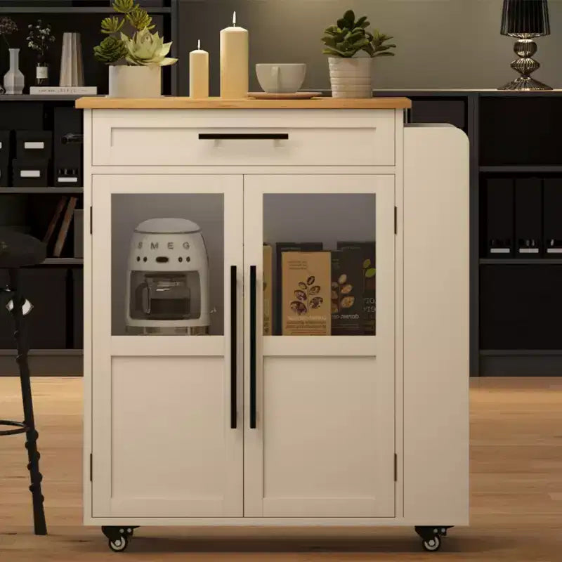 Kitchen Island, 48 Retro Farmhouse Coffee Bar Station with Storage & Glass Door Cabinet, for Dining Room