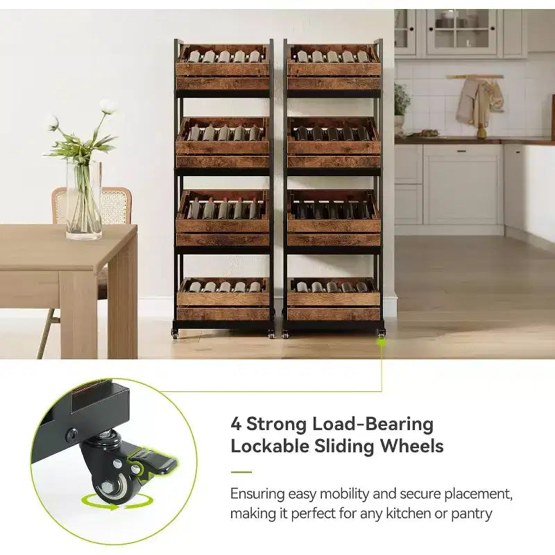 Lantine 4-Tier Wooden Kitchen Cart with Wheels, Mobile Fruit and Vegetable Storage, Utility Shelf, Organizer Rack for Pantry, Bedroom, Living Room
