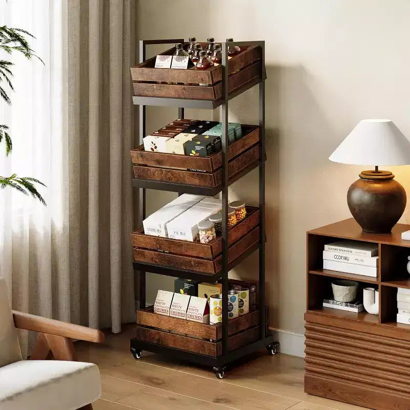 Lantine 4-Tier Wooden Kitchen Cart with Wheels, Mobile Fruit and Vegetable Storage, Utility Shelf, Organizer Rack for Pantry, Bedroom, Living Room