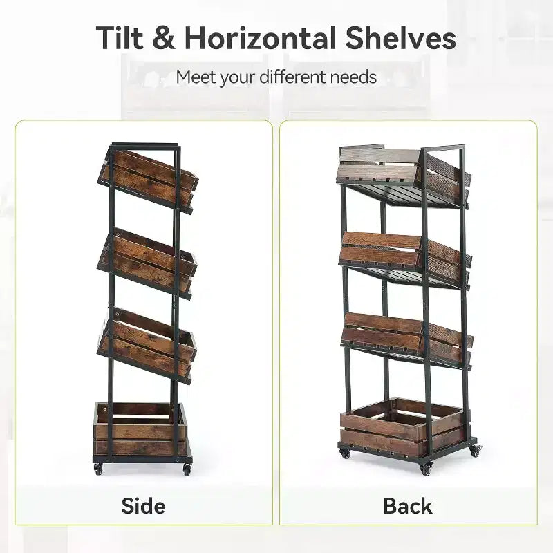 Lantine 4-Tier Wooden Kitchen Cart with Wheels, Mobile Fruit and Vegetable Storage, Utility Shelf, Organizer Rack for Pantry, Bedroom, Living Room