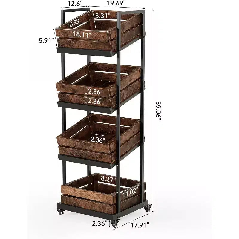 Lantine 4-Tier Wooden Kitchen Cart with Wheels, Mobile Fruit and Vegetable Storage, Utility Shelf, Organizer Rack for Pantry, Bedroom, Living Room