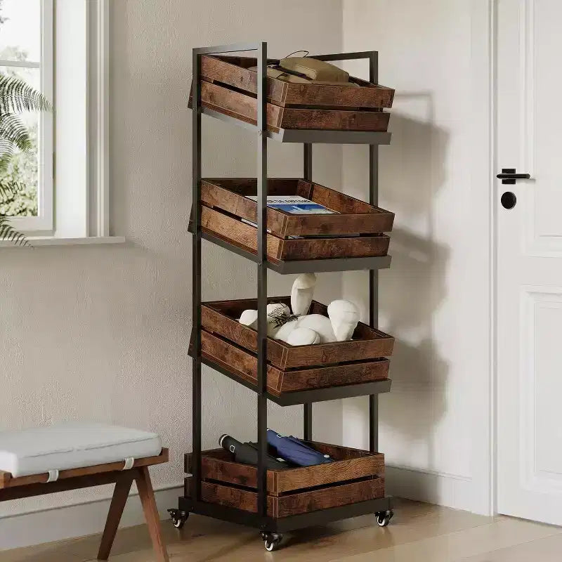 Lantine 4-Tier Wooden Kitchen Cart with Wheels, Mobile Fruit and Vegetable Storage, Utility Shelf, Organizer Rack for Pantry, Bedroom, Living Room