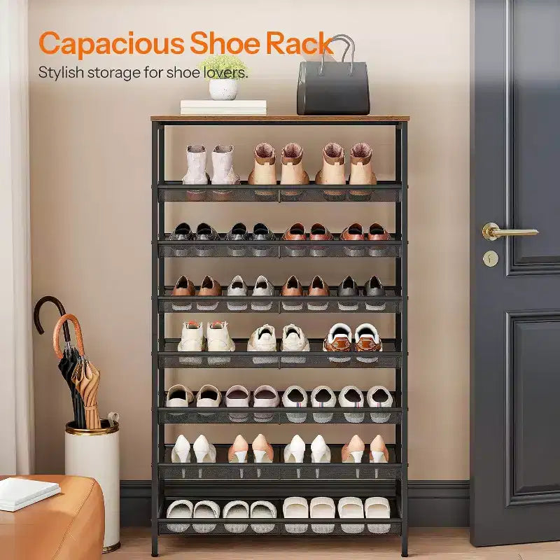 ACOINEL 8-Tier Shoe Rack, 29.5L Large Capacity Shoe Storage Organizer (Holds 21-24 Pairs), Space-Saving Rustic Brown & Black Shoe Shelf