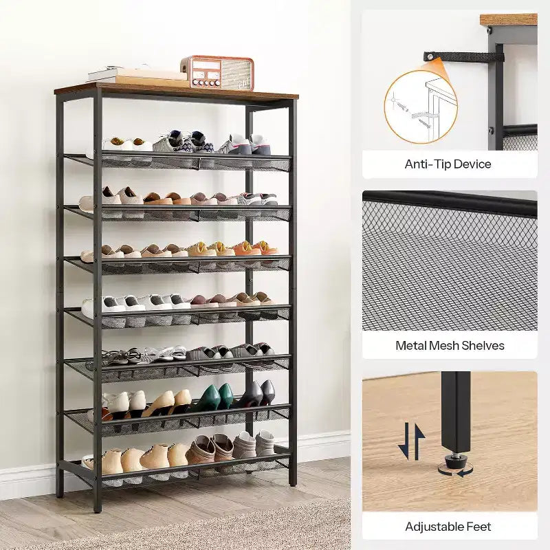 Scarpiera a 8 Ripiani, Organizzatore per Scarpe di Grande Capacità 29,5L (Contiene 21-24 Paia), Scaffale Portascarpe Salvaspazio Marrone Rustico e Nero