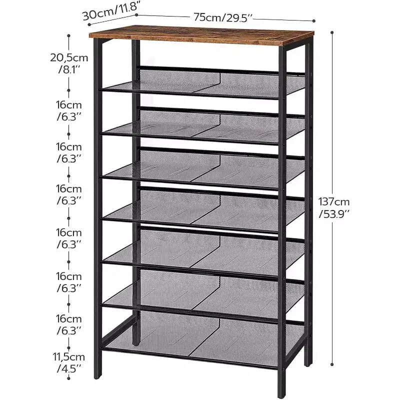 Scarpiera a 8 Ripiani, Organizzatore per Scarpe di Grande Capacità 29,5L (Contiene 21-24 Paia), Scaffale Portascarpe Salvaspazio Marrone Rustico e Nero