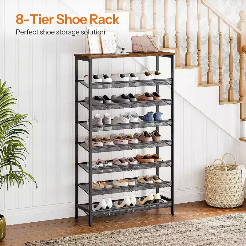 Scarpiera a 8 Ripiani, Organizzatore per Scarpe di Grande Capacità 29,5L (Contiene 21-24 Paia), Scaffale Portascarpe Salvaspazio Marrone Rustico e Nero