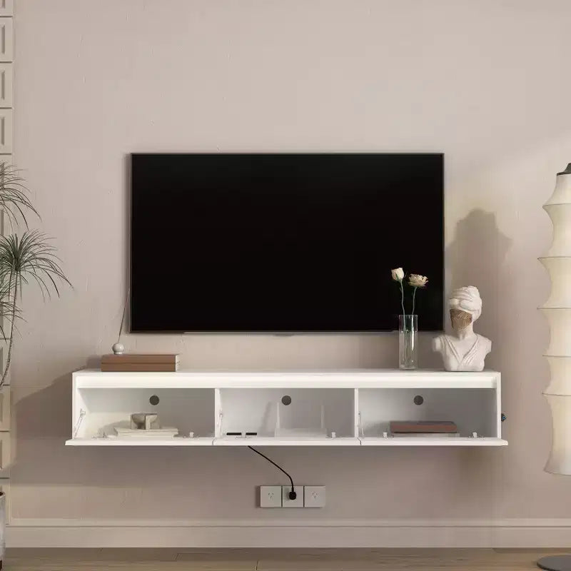 Mobile TV Sospeso, Mensola TV a Parete con Luci LED e Presa di Corrente, Mobile TV Lucido per Supporti TV Bianchi da Soggiorno