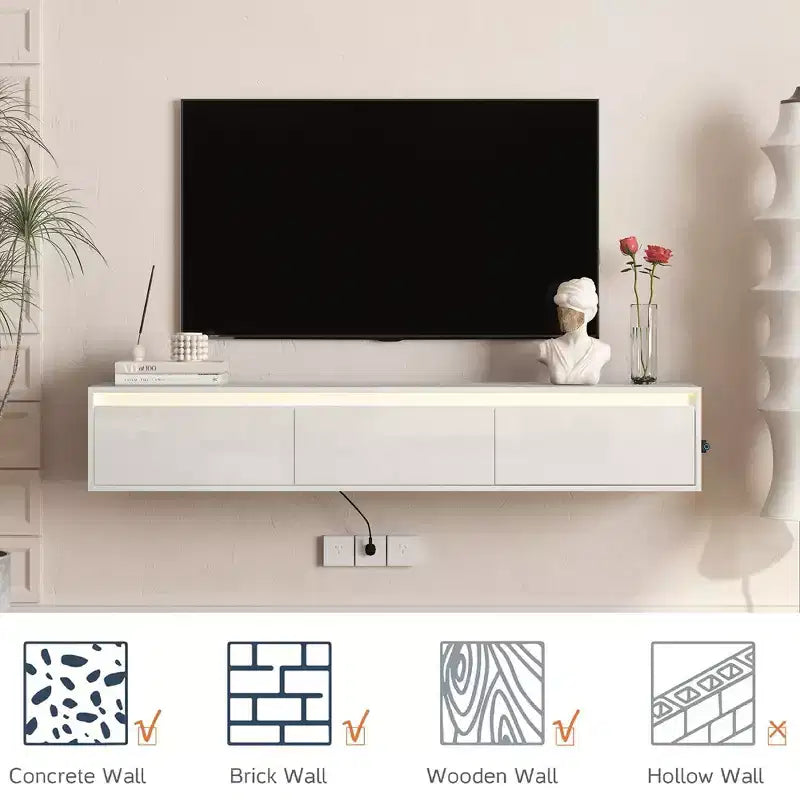 Mobile TV Sospeso, Mensola TV a Parete con Luci LED e Presa di Corrente, Mobile TV Lucido per Supporti TV Bianchi da Soggiorno