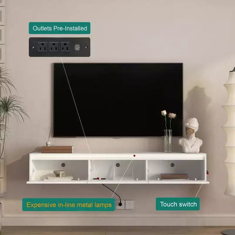 Mobile TV Sospeso, Mensola TV a Parete con Luci LED e Presa di Corrente, Mobile TV Lucido per Supporti TV Bianchi da Soggiorno