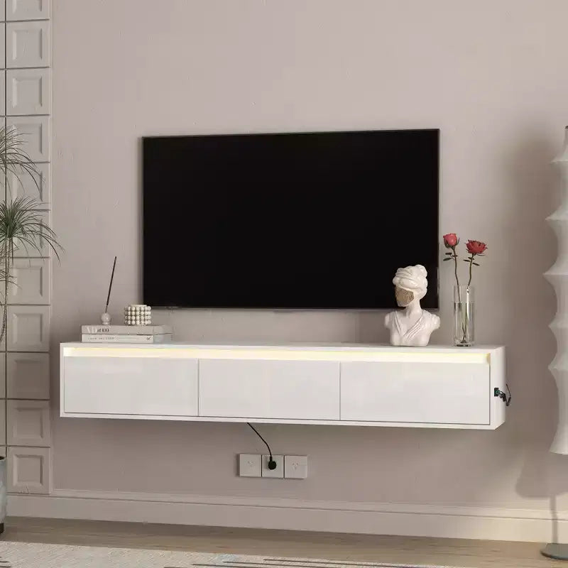 Mobile TV Sospeso, Mensola TV a Parete con Luci LED e Presa di Corrente, Mobile TV Lucido per Supporti TV Bianchi da Soggiorno