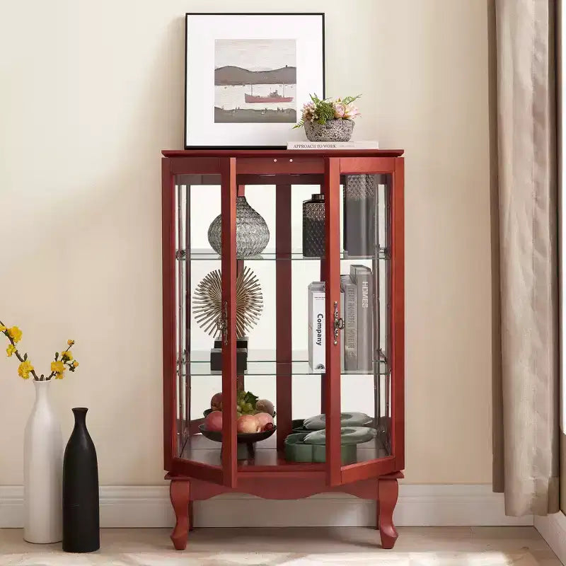 2-Door Curio Cabinet with Tempered Glass Doors, Mirrored Back Panel, Adjustable Shelves, and Light for Home Office