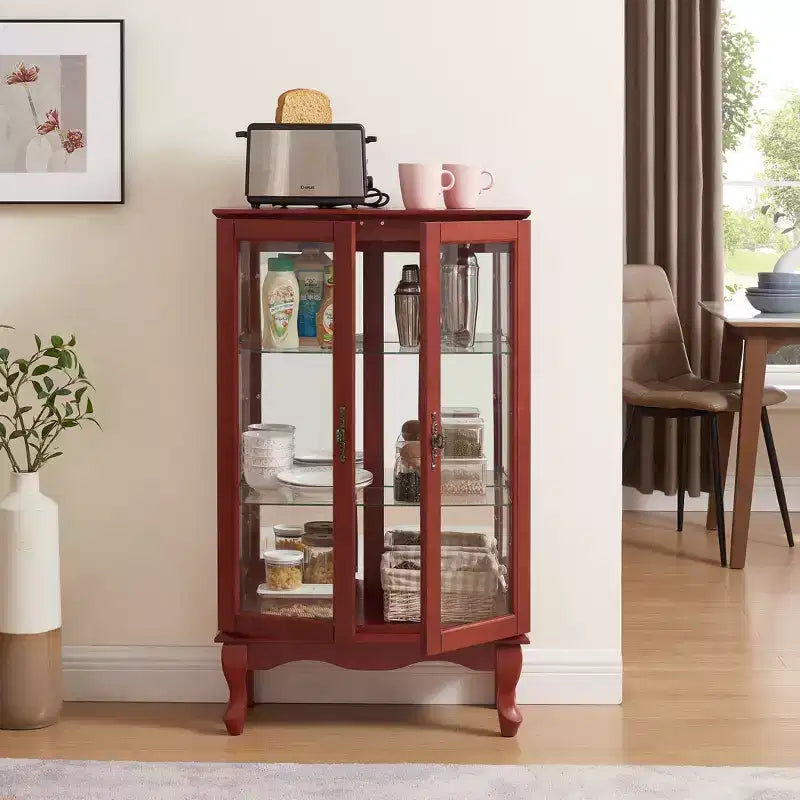 2-Door Curio Cabinet with Tempered Glass Doors, Mirrored Back Panel, Adjustable Shelves, and Light for Home Office