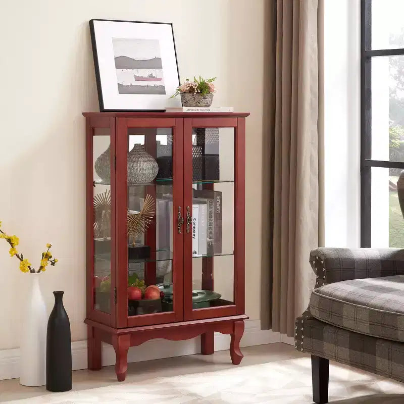 2-Door Curio Cabinet with Tempered Glass Doors, Mirrored Back Panel, Adjustable Shelves, and Light for Home Office