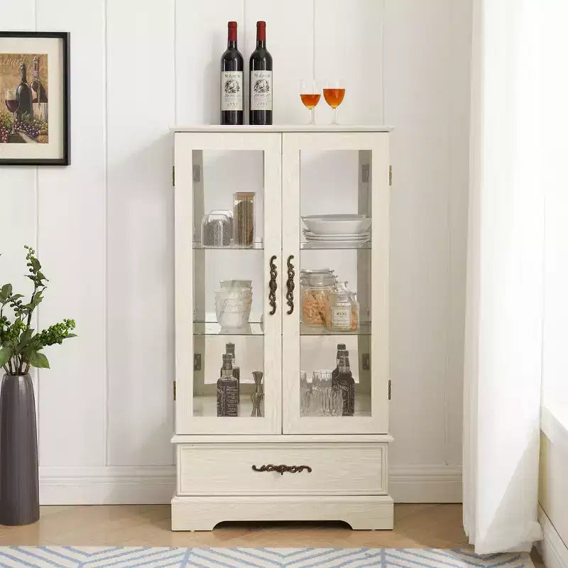 Glass Curio Display Cabinet with Light, Adjustable Shelves, and Vintage Drawer for Home Decor