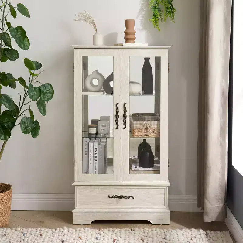 Vetrinetta in vetro con luce, ripiani regolabili e cassetto vintage per l'arredamento della casa