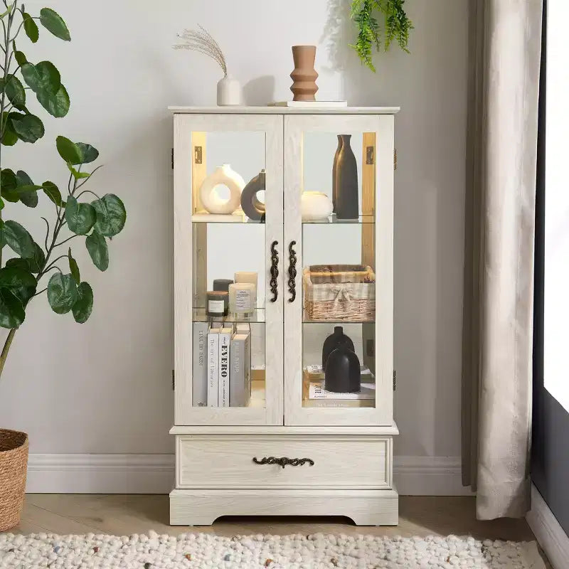 Vetrinetta in vetro con luce, ripiani regolabili e cassetto vintage per l'arredamento della casa