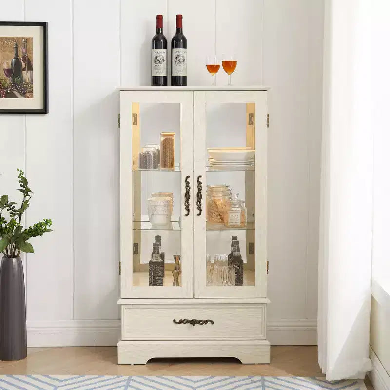 Vetrinetta in vetro con luce, ripiani regolabili e cassetto vintage per l'arredamento della casa