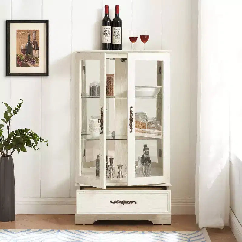 Vetrinetta in vetro con luce, ripiani regolabili e cassetto vintage per l'arredamento della casa