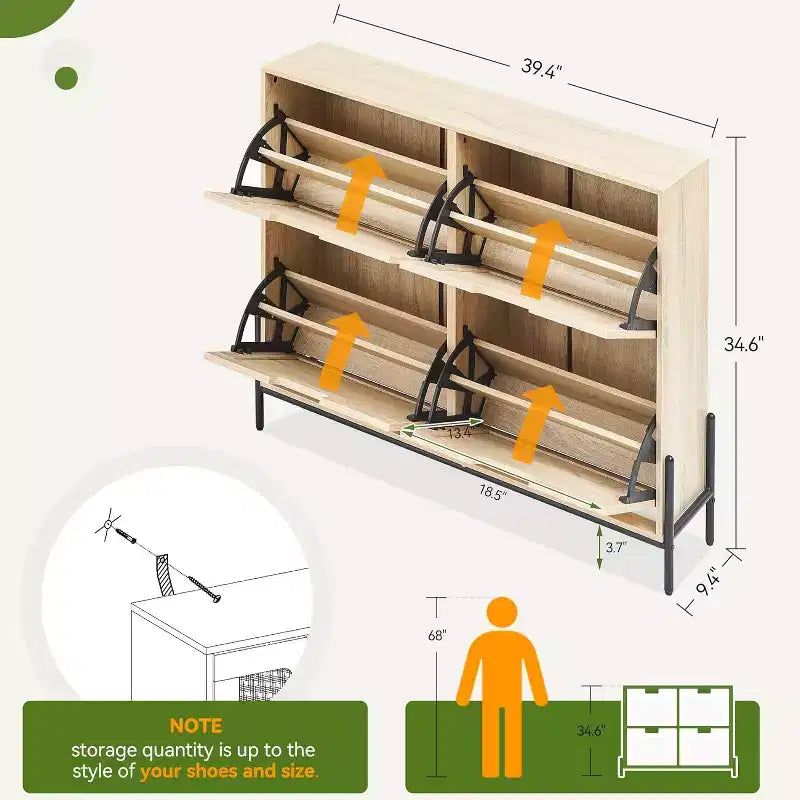 Freestanding Rattan Shoe Cabinet with Four Flip Drawers, Hidden Shoe Storage Unit, Slim Space-Saving Shoe Rack for Entryway, Hallway, Living Room