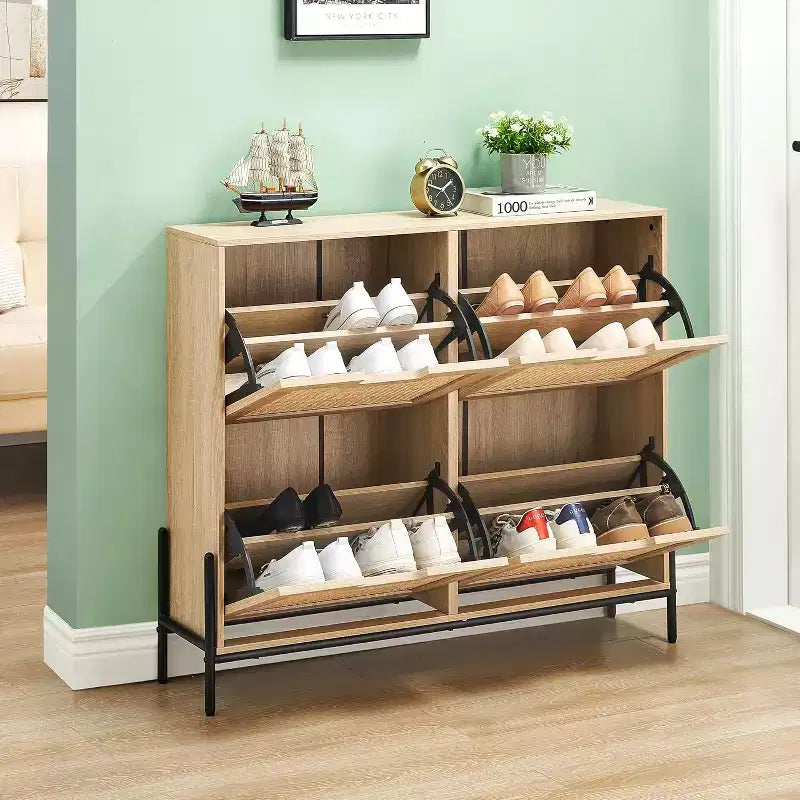 Freestanding Rattan Shoe Cabinet with Four Flip Drawers, Hidden Shoe Storage Unit, Slim Space-Saving Shoe Rack for Entryway, Hallway, Living Room