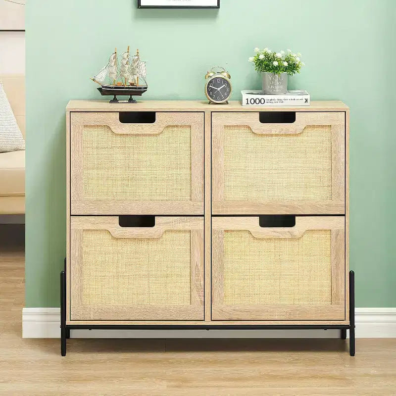 Freestanding Rattan Shoe Cabinet with Four Flip Drawers, Hidden Shoe Storage Unit, Slim Space-Saving Shoe Rack for Entryway, Hallway, Living Room