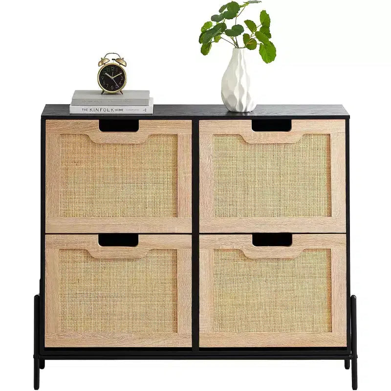 Freestanding Rattan Shoe Cabinet with Four Flip Drawers, Hidden Shoe Storage Unit, Slim Space-Saving Shoe Rack for Entryway, Hallway, Living Room