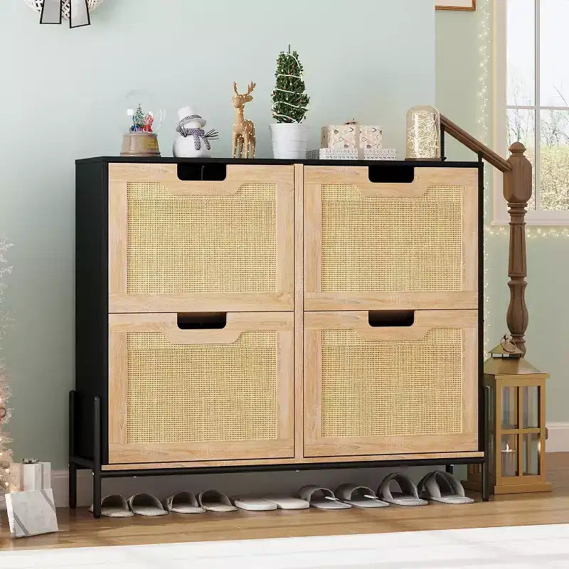 Freestanding Rattan Shoe Cabinet with Four Flip Drawers, Hidden Shoe Storage Unit, Slim Space-Saving Shoe Rack for Entryway, Hallway, Living Room