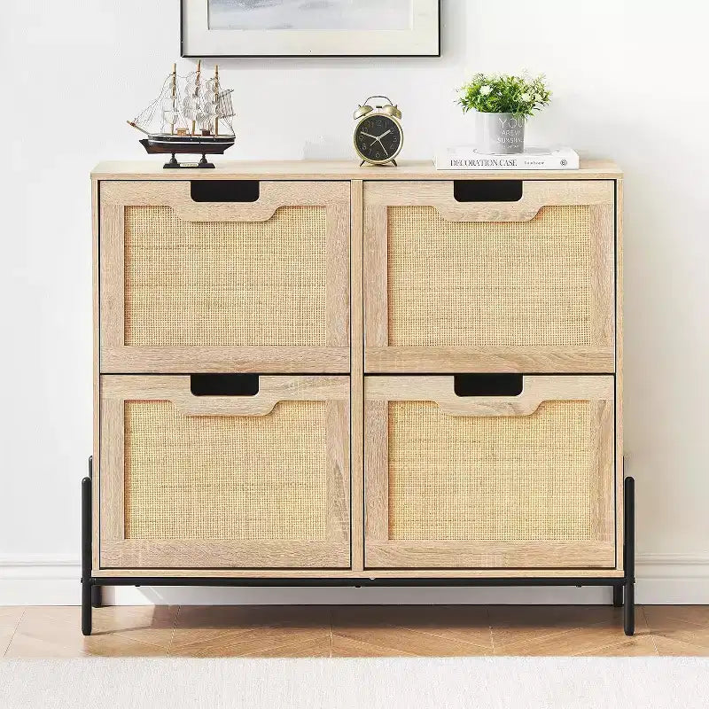 Freestanding Rattan Shoe Cabinet with Four Flip Drawers, Hidden Shoe Storage Unit, Slim Space-Saving Shoe Rack for Entryway, Hallway, Living Room