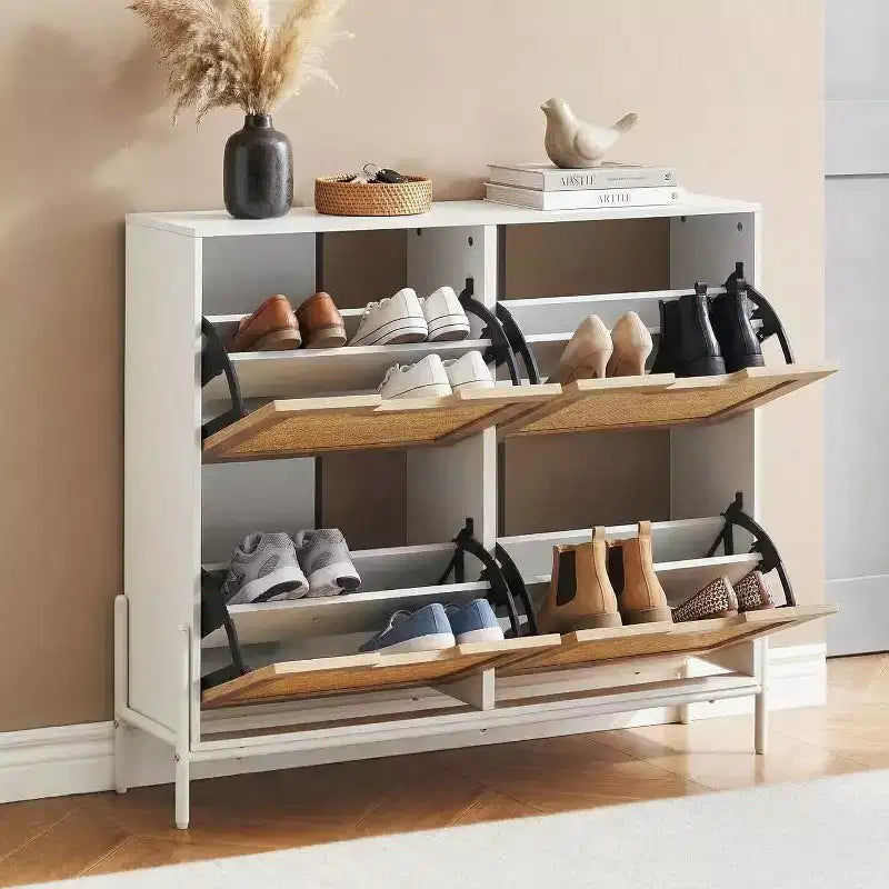 Freestanding Rattan Shoe Cabinet with Four Flip Drawers, Hidden Shoe Storage Unit, Slim Space-Saving Shoe Rack for Entryway, Hallway, Living Room
