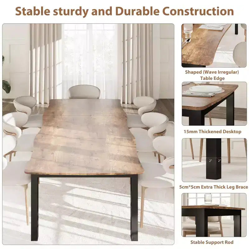Tavolo da Pranzo per 6-8 Persone, Tavolo Rustico con Bordo Irregolare a Onda con Piano Spesso in MDF e Struttura in Metallo, Impermeabile Antigraffio