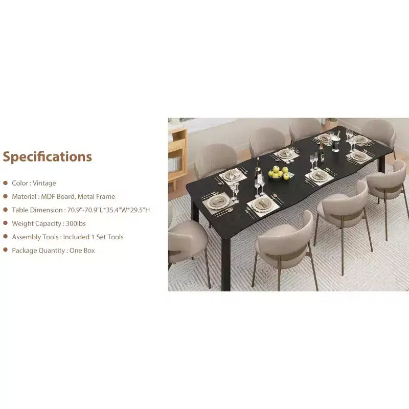 Tavolo da Pranzo per 6-8 Persone, Tavolo Rustico con Bordo Irregolare a Onda con Piano Spesso in MDF e Struttura in Metallo, Impermeabile Antigraffio