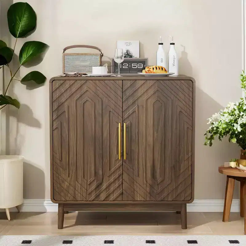 Walnut Buffet Sideboard with 2 Carved Doors and Adjustable Shelf for Living Room Kitchen Dining Room
