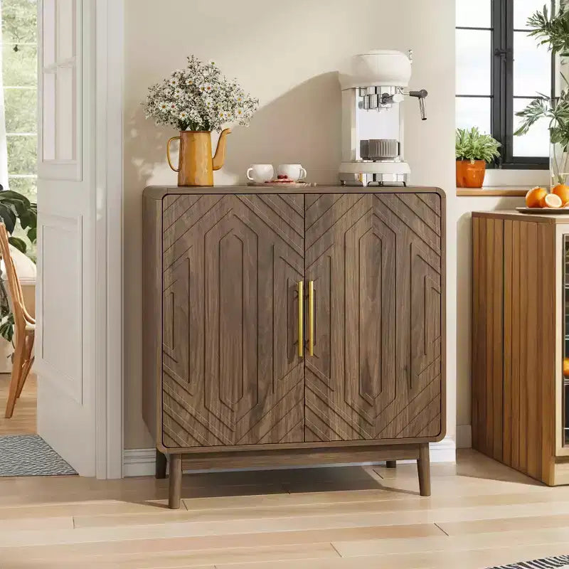 Walnut Buffet Sideboard with 2 Carved Doors and Adjustable Shelf for Living Room Kitchen Dining Room