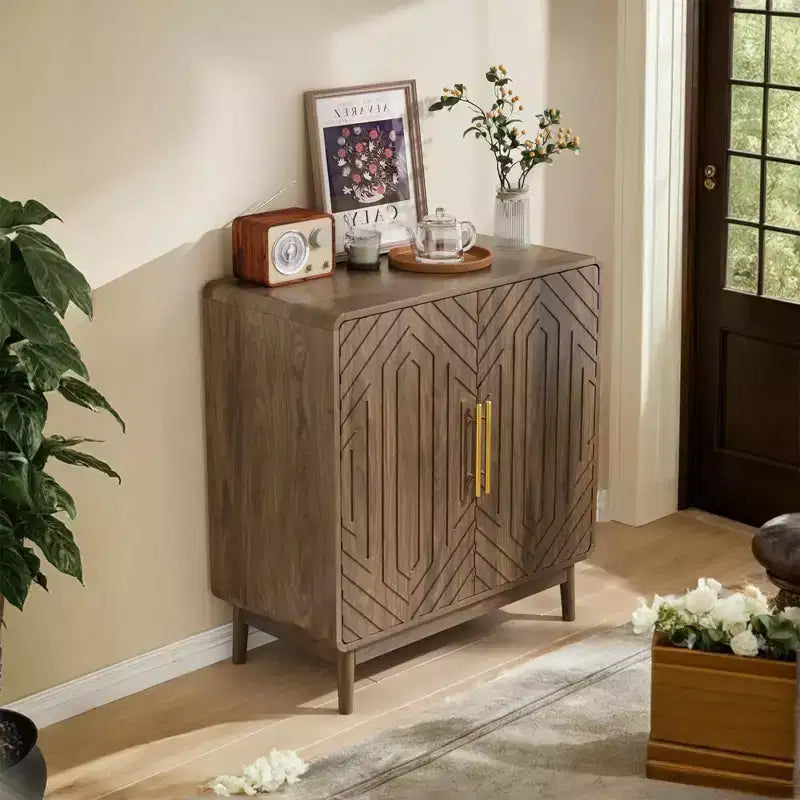 Walnut Buffet Sideboard with 2 Carved Doors and Adjustable Shelf for Living Room Kitchen Dining Room