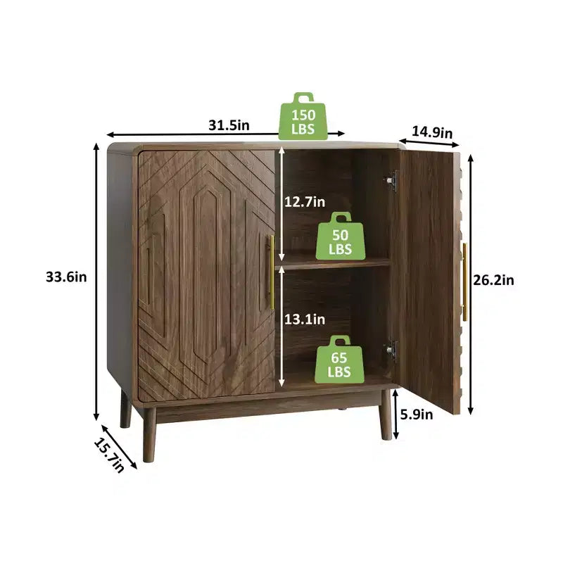 Walnut Buffet Sideboard with 2 Carved Doors and Adjustable Shelf for Living Room Kitchen Dining Room