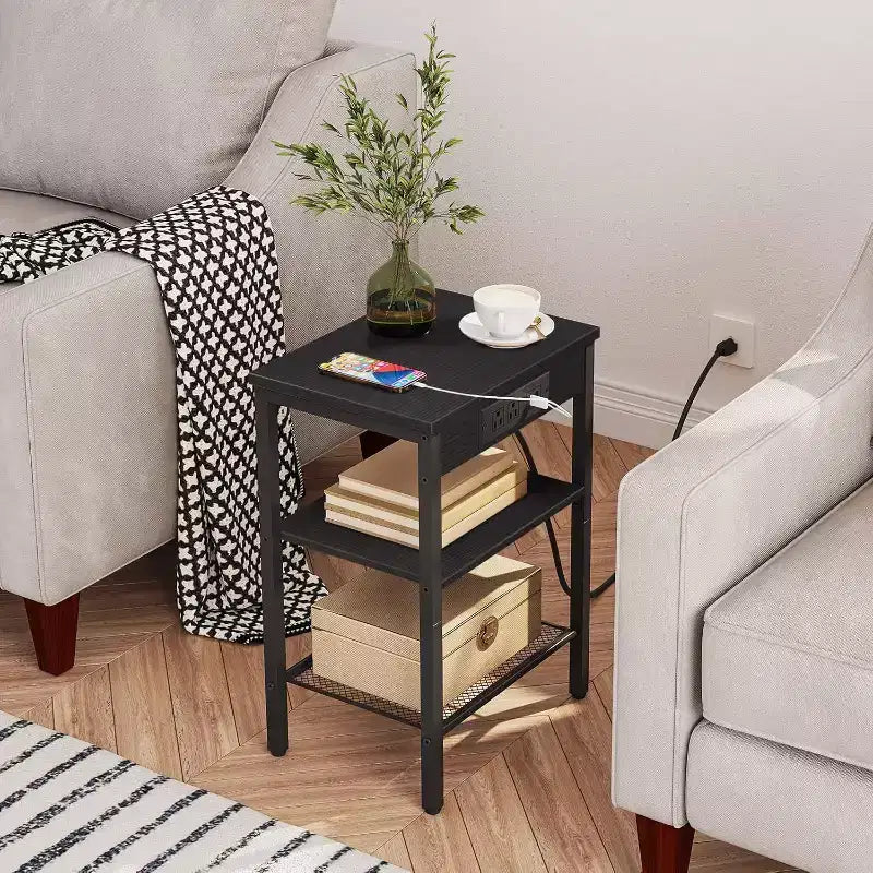 Side Table with Charging Station, 3-Tier Small End Table with Adjustable Shelf/USB/Type-C, Black Nightstand
