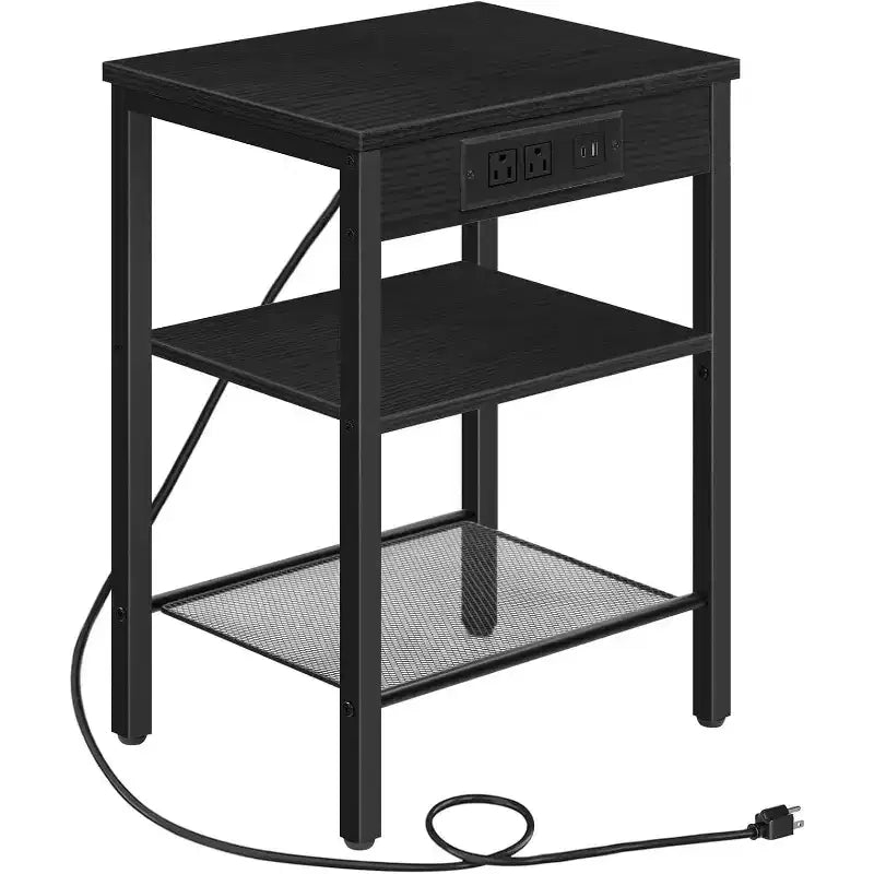 Side Table with Charging Station, 3-Tier Small End Table with Adjustable Shelf/USB/Type-C, Black Nightstand