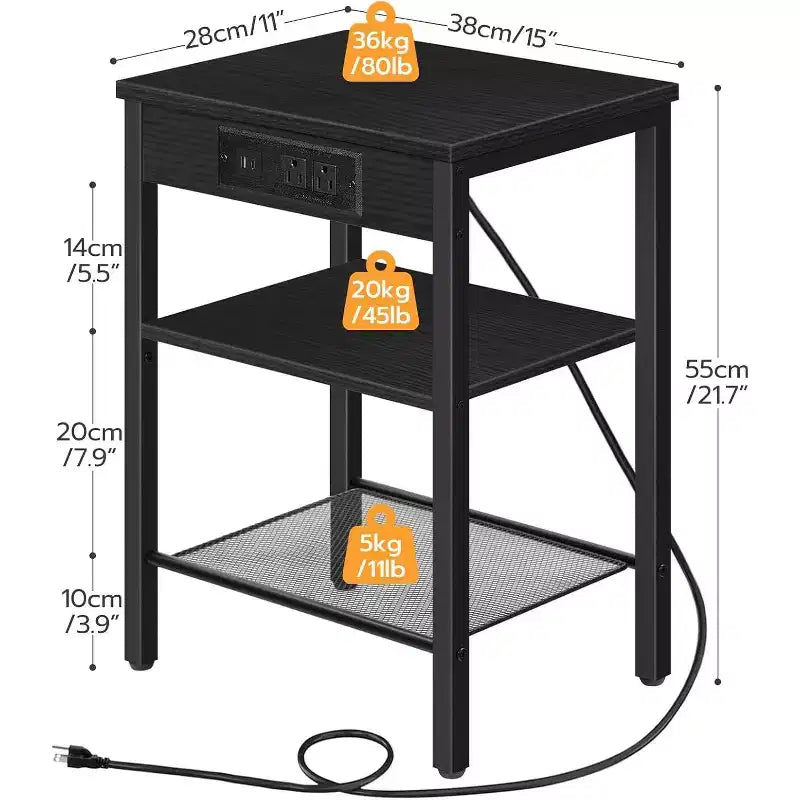 Tavolino con Stazione di Ricarica, Tavolino Laterale Piccolo a 3 Livelli con Ripiano Regolabile/USB/Type-C, Comodino Nero