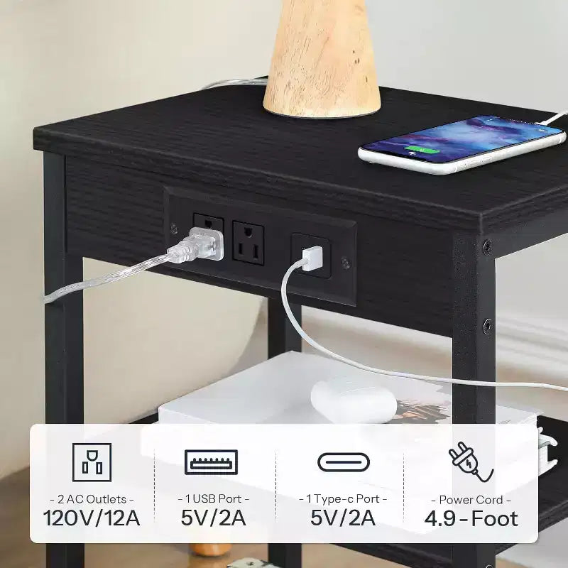 Side Table with Charging Station, 3-Tier Small End Table with Adjustable Shelf/USB/Type-C, Black Nightstand