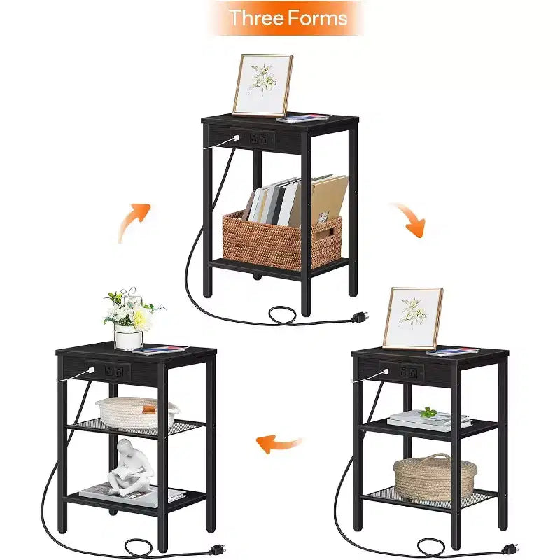 Side Table with Charging Station, 3-Tier Small End Table with Adjustable Shelf/USB/Type-C, Black Nightstand